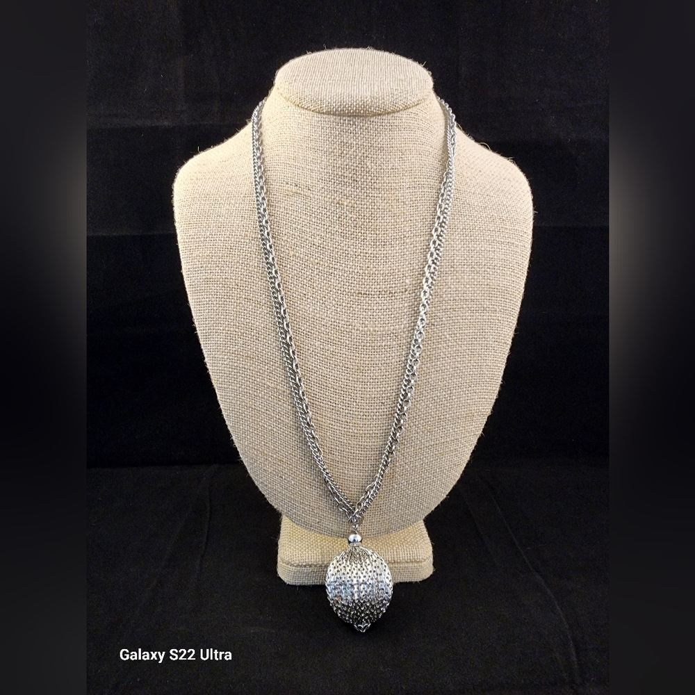 Double Strand Silver Tone Filigree Ball Pendant by Lisa 24"